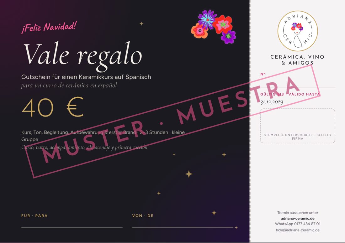 Muster: Weihnachtsgutschein für einen Keramikkurs, 40 Euro